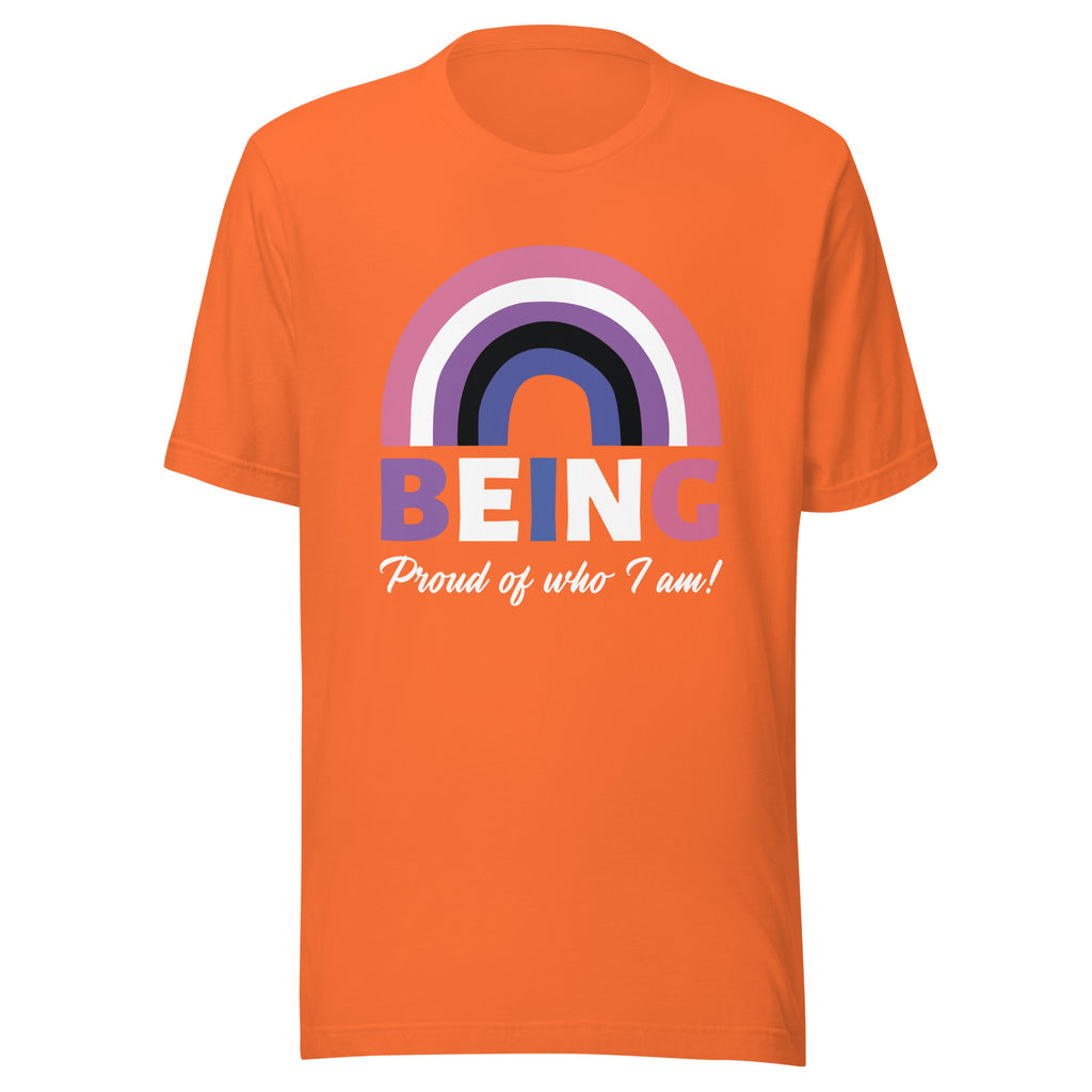Front view of an orange T-shirt with a rainbow graphic and “BEING Proud of who I am!”