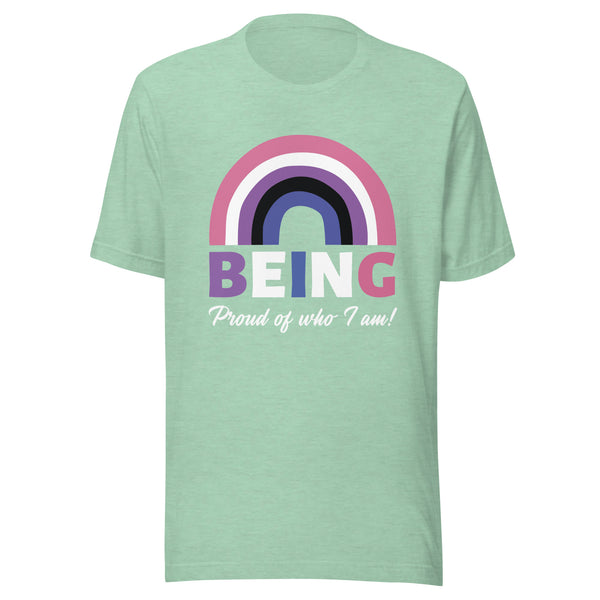 Front-facing mint green T-shirt with a rainbow graphic and “BEING Proud of who I am!” text