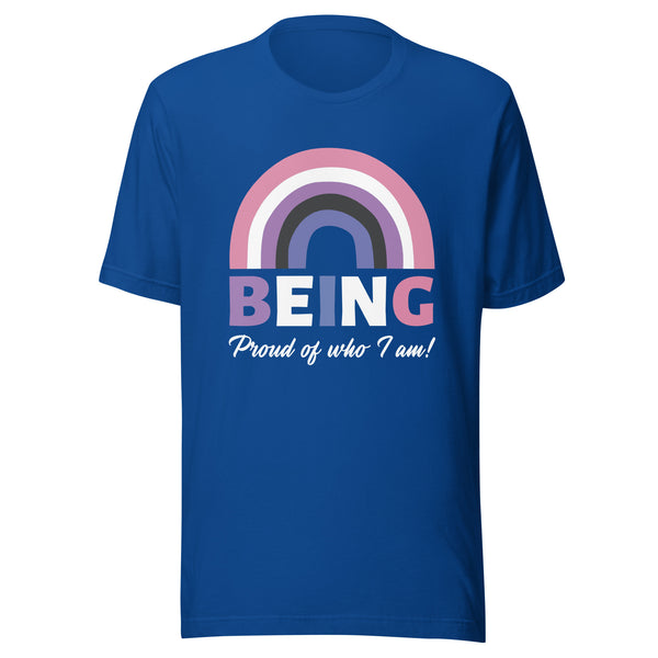 Front view of a royal-blue T-shirt with a rainbow graphic and “BEING Proud of who I am!” text