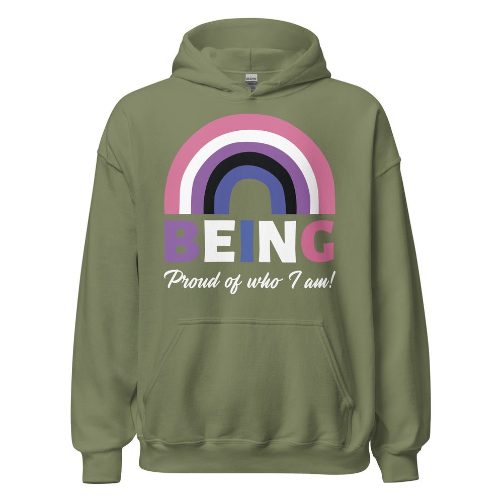 Front view of an olive-green hoodie with a rainbow graphic and “BEING Proud of who I am!” text