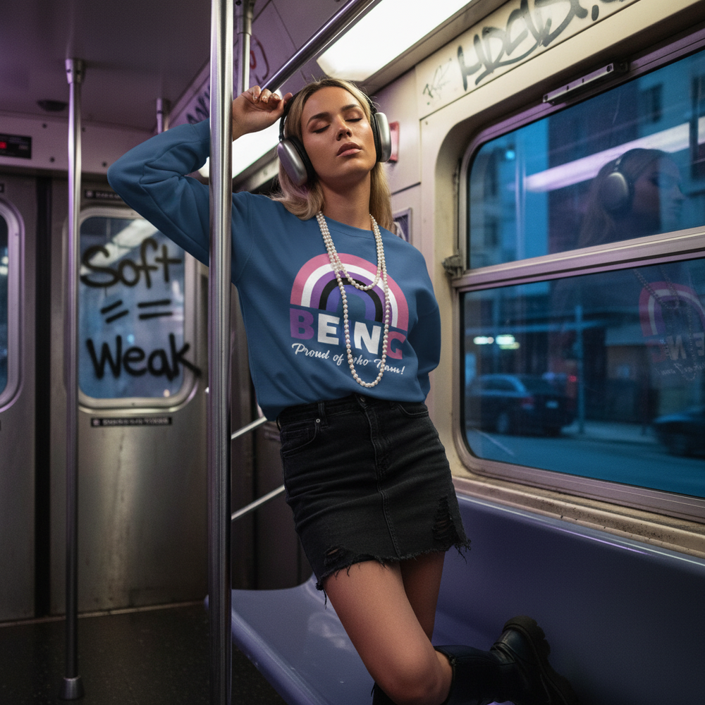 Genderfluid Unisex Sweatshirt in blue reads "Being Proud Of Who I Am!", black denim mini skirt, subway