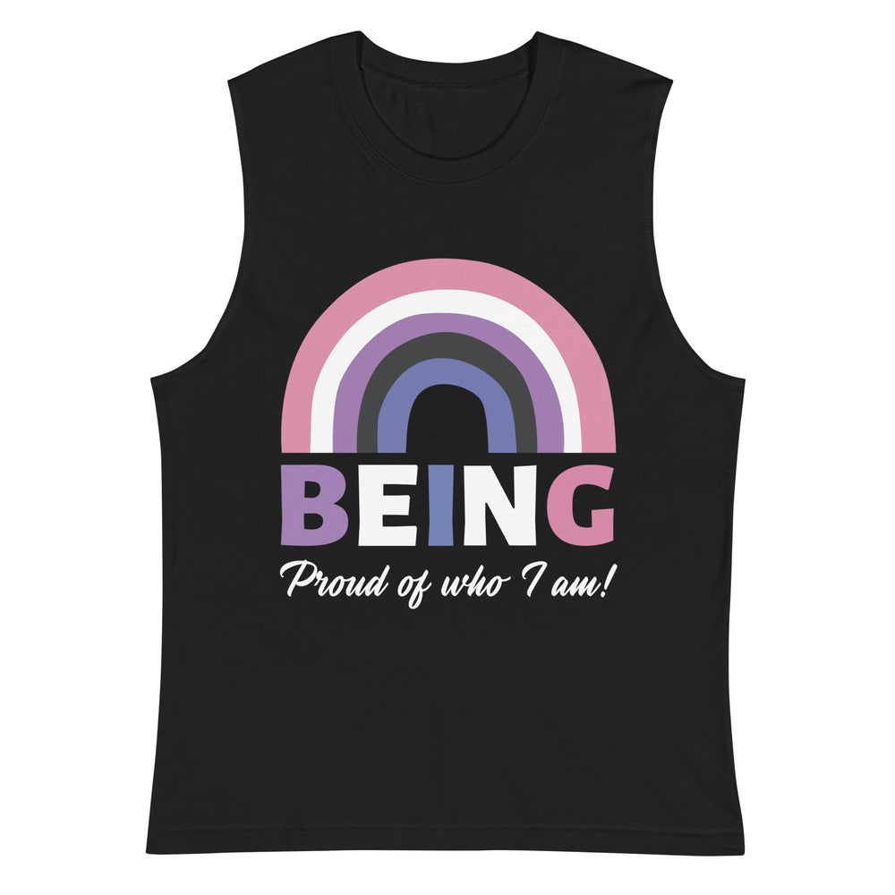 Front view of a black sleeveless tank top reading “BEING Proud of who I am!” beneath a pastel rainbow