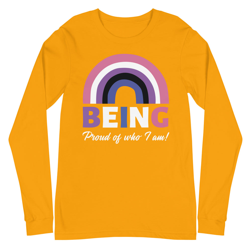 Front view of a mustard-yellow long-sleeve shirt with a rainbow and “BEING Proud of who I am!” text