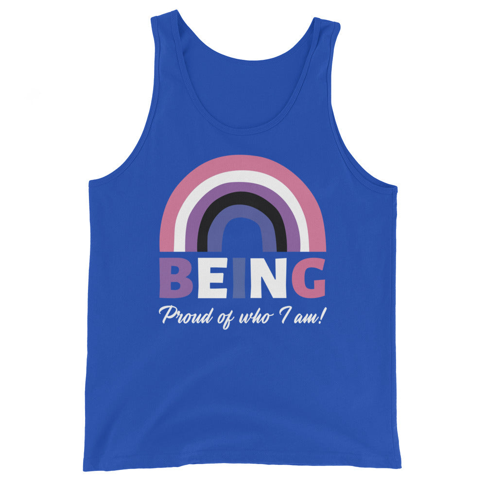 Unisex tank top in royal blue with a genderfluid rainbow—pink, white, black, purple—and bold text: BEING Proud of who I am!.