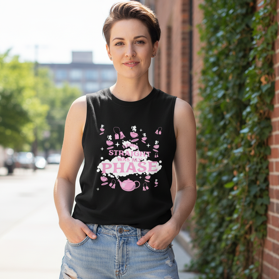 Black unisex “Being Straight Was My Phase” muscle tank with pink text, teapot graphics, and ripped jeans