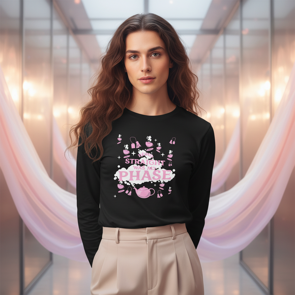 Unisex long sleeve tee with “Being Straight Was My Phase” in pink and white