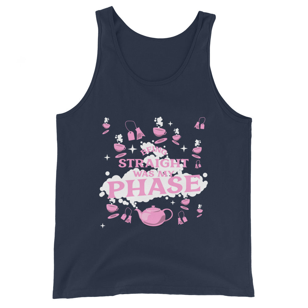 Navy unisex tank top with “Being Straight Was My Phase” in bold white and pink, plus pink teapots, teacups, lipstick