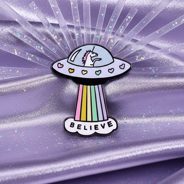 Unicorn flying-saucer enamel pin with pastel rainbow beams and “BELIEVE” text