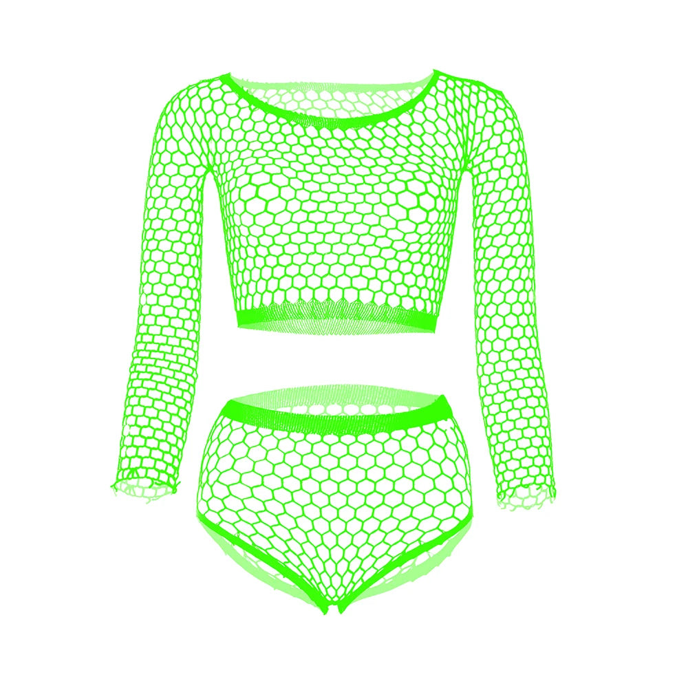 Neon green long-sleeve fishnet crop top and high-waisted brief set, shown flat