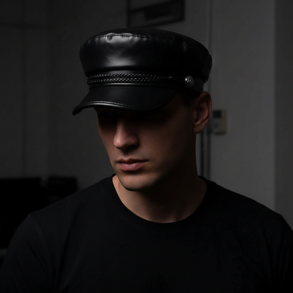 Model wearing a black faux-leather cap with a braided band and short visor