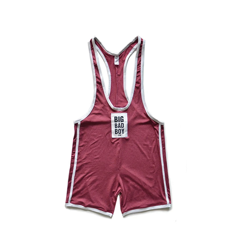 Front-facing burgundy wrestling singlet with white trim and a “BIG BAD BOY” chest patch