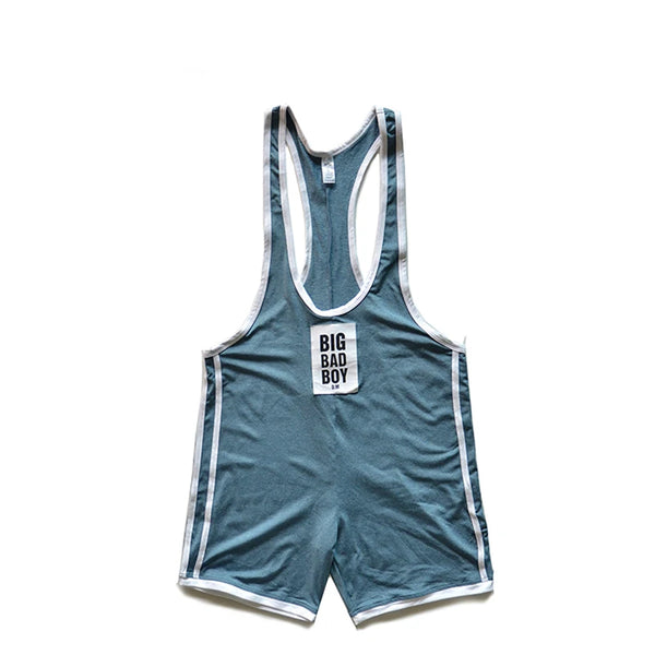 Front-facing blue-gray wrestling singlet with white trim and a BIG BAD BOY chest patch