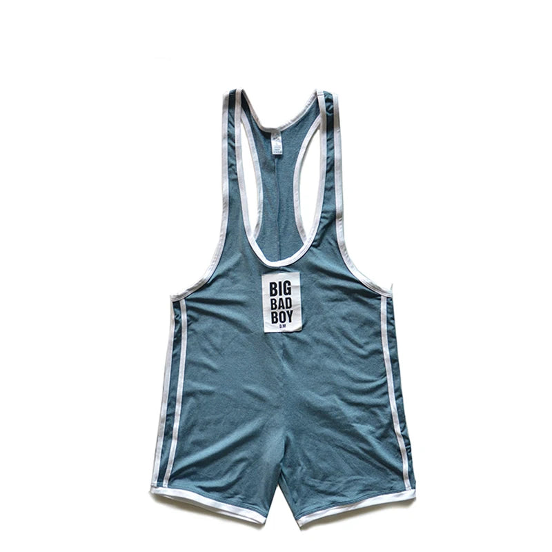 Front-facing blue-gray wrestling singlet with white trim and a BIG BAD BOY chest patch