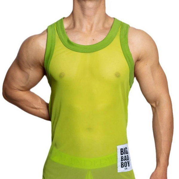 Front view of a model wearing a neon green mesh tank top with a Big Bad Boy label