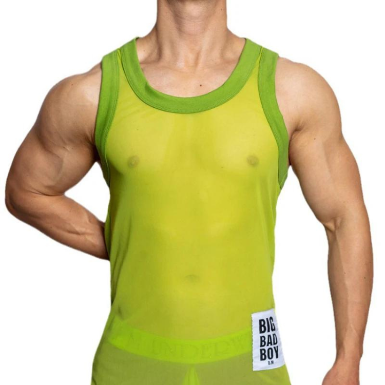 Front view of a model wearing a neon green mesh tank top with a Big Bad Boy label