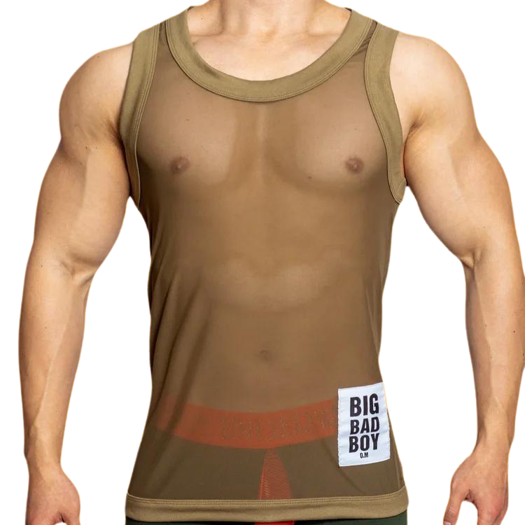 Front view of a muscular model wearing a sheer brown mesh tank with a Big Bad Boy patch