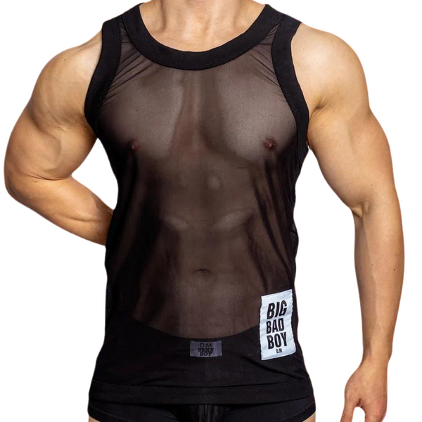 Front view of a person wearing a black sheer mesh tank top with a BIG BAD BOY label