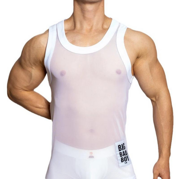 Front view of a muscular model wearing a sheer white tank top with a Big Bad Boy label
