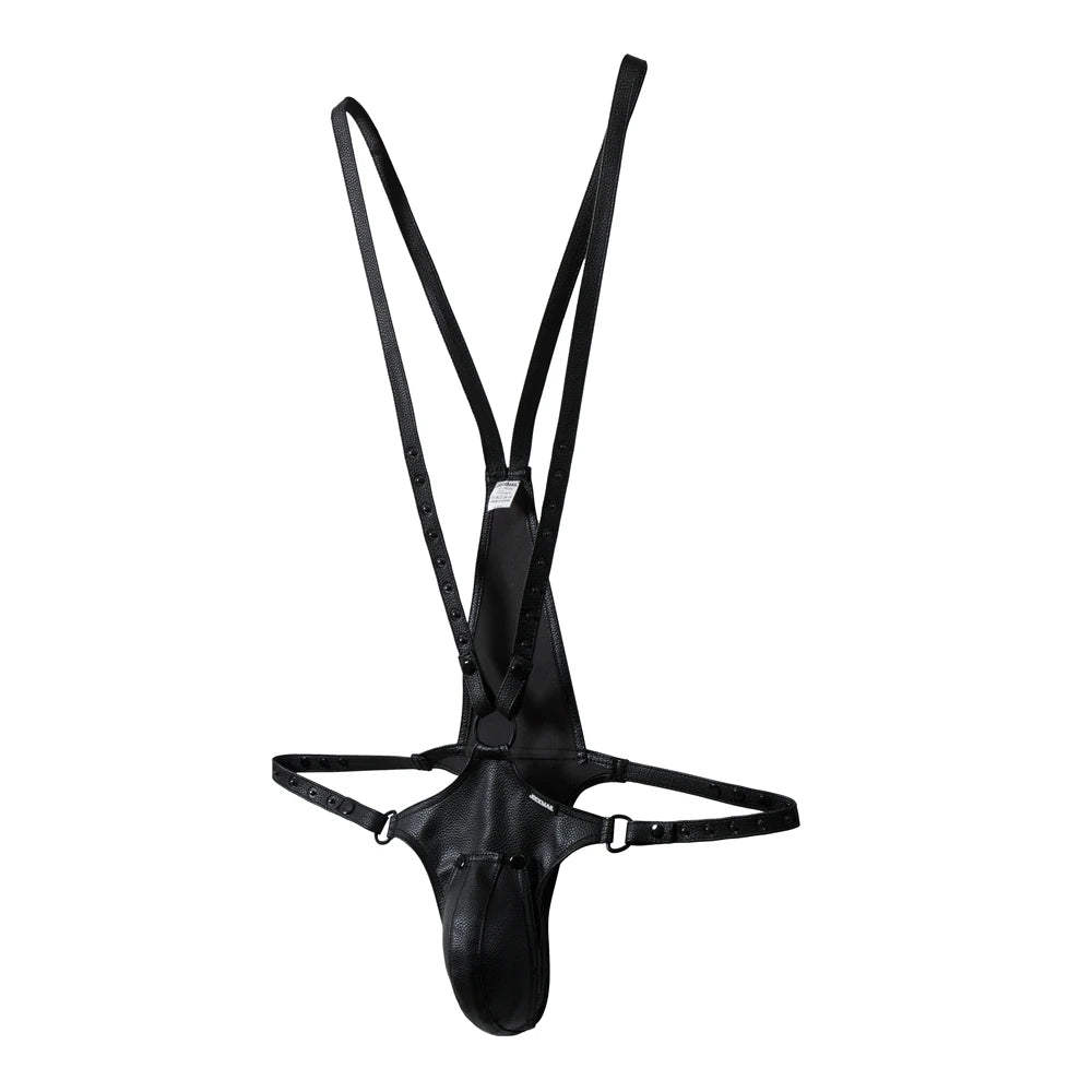 Black leather-look jockstrap bodysuit laid flat, with adjustable straps and a prominent pouch