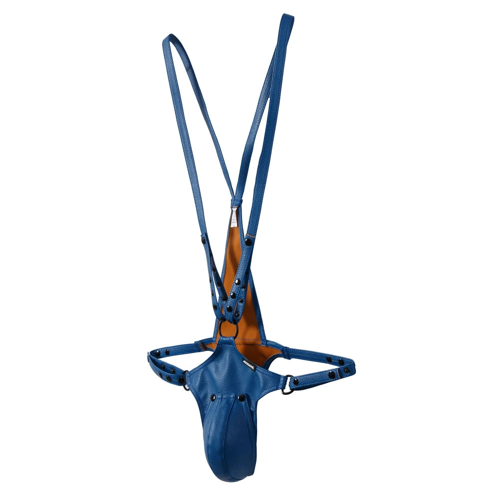 Front view of a blue leather jockstrap bodysuit with a prominent pouch and studded straps