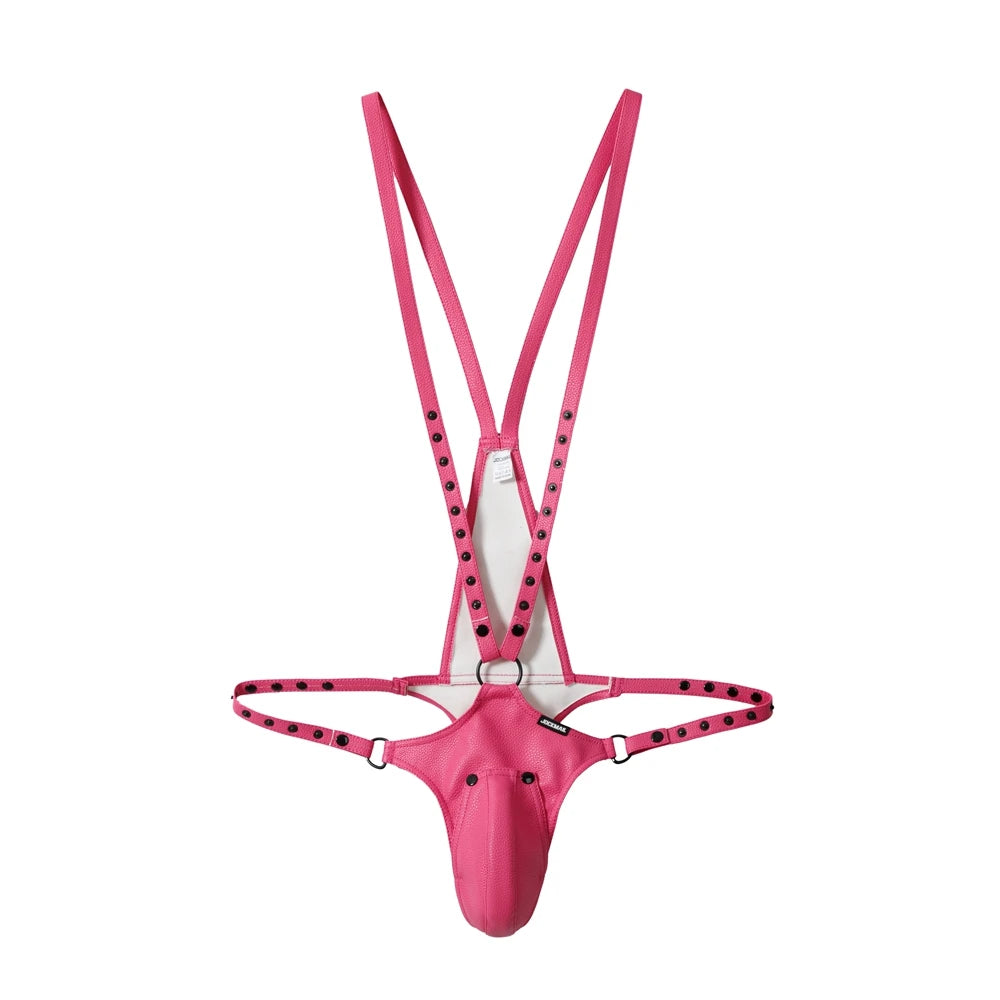 Front view of a pink leather jockstrap bodysuit with studded straps and a pouch