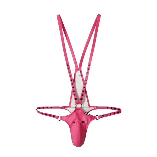 Front view of a pink leather jockstrap bodysuit with studded straps and a pouch