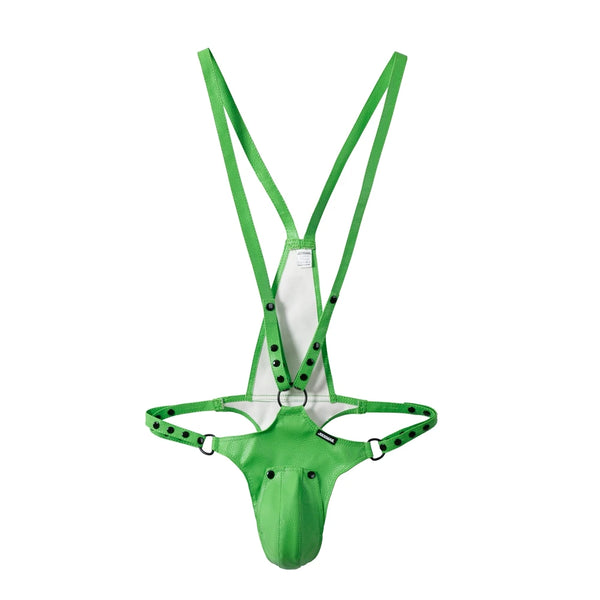 Front view of a bright green leather jockstrap bodysuit with a prominent pouch, straps, rings, and studs