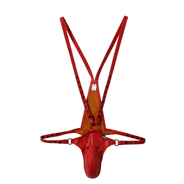 Front-facing red leather jockstrap bodysuit with studded straps and pouch