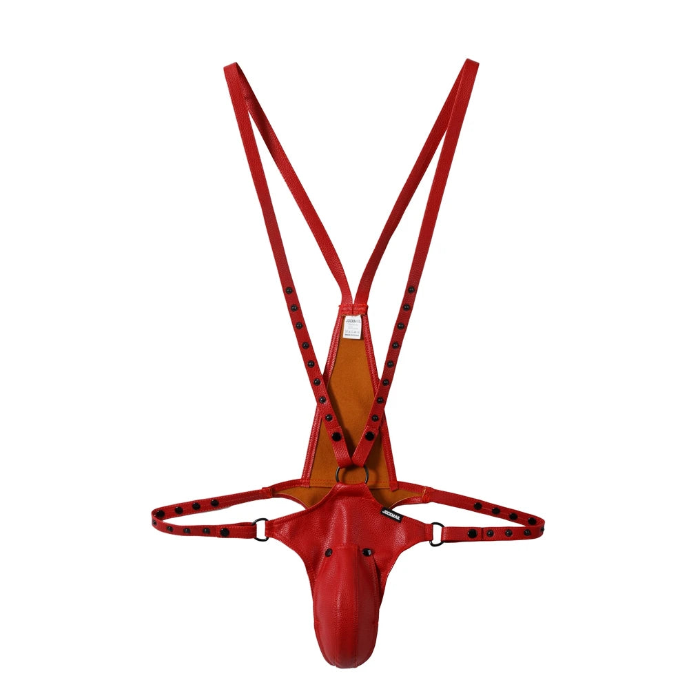 Front-facing red leather jockstrap bodysuit with studded straps and pouch