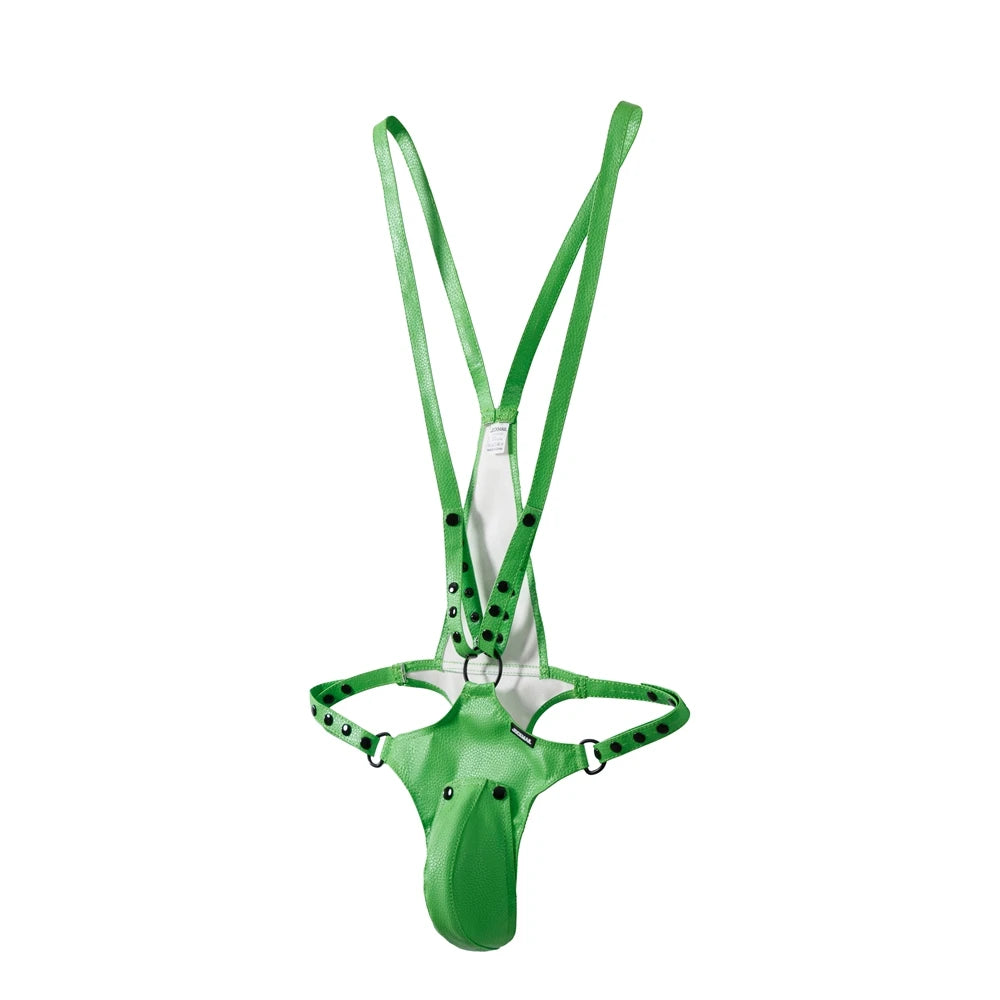Front view of a green leather-look jockstrap bodysuit with a pouch and studded straps