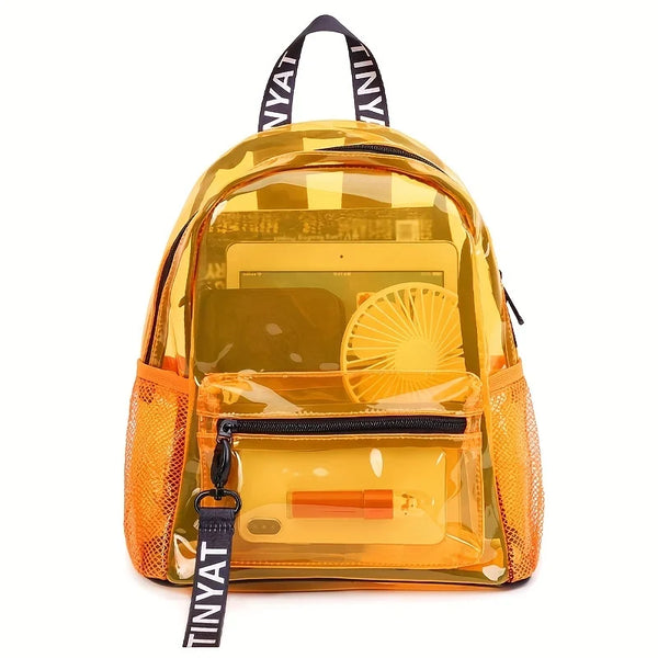 Front view of a translucent amber backpack with orange mesh pockets and black NYAT straps