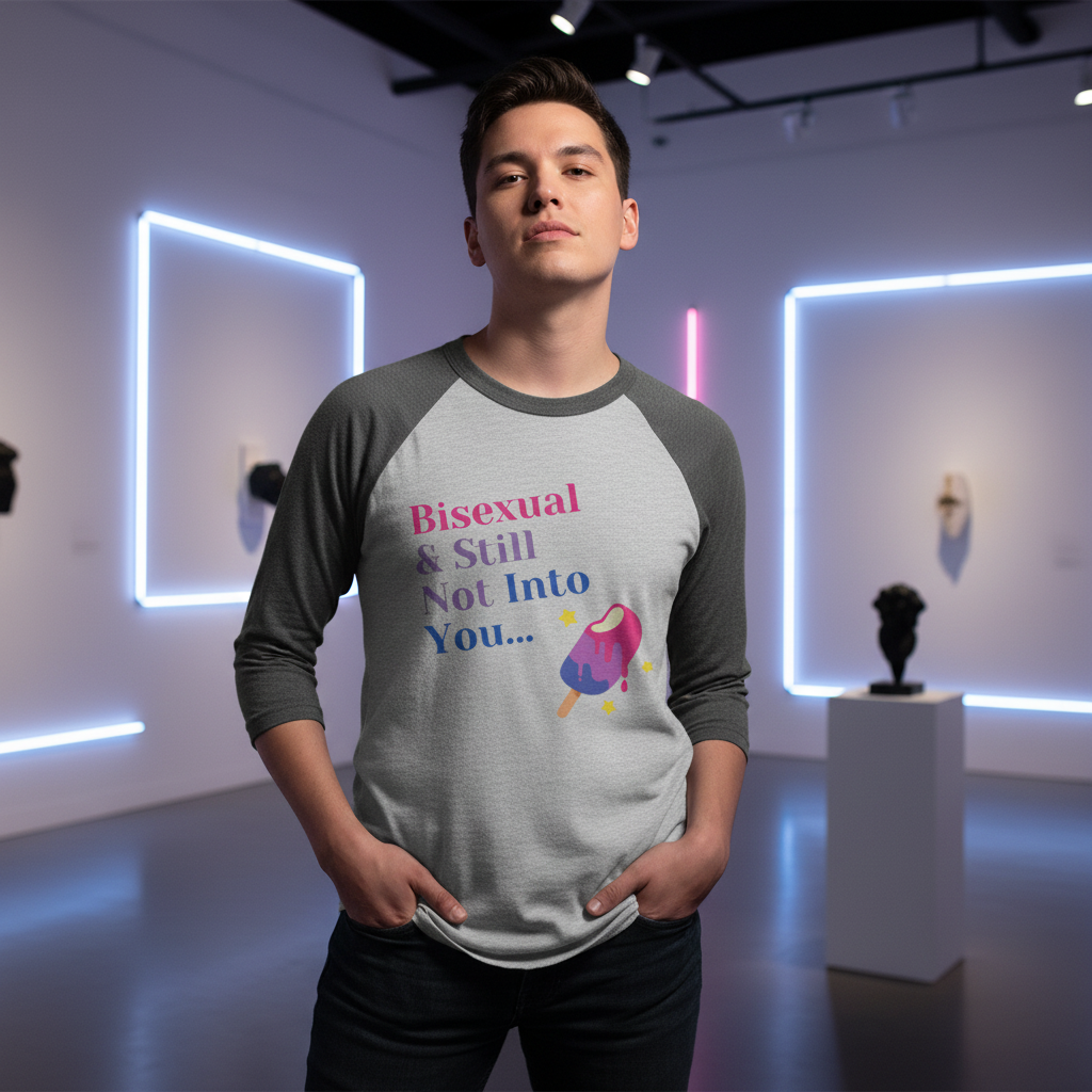 Bisexual & Still Not Into You 3/4 Sleeve Raglan Shirt with text and colorful ice cream cone