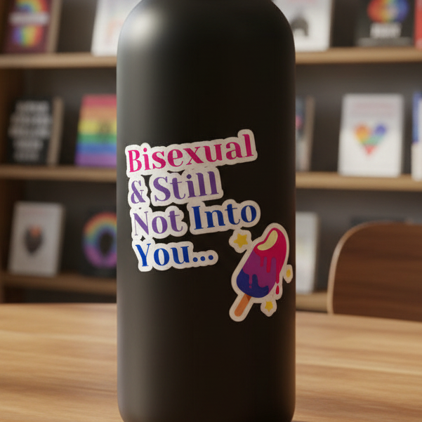 Black bottle with a “Bisexual & Still Not Into You...” sticker and popsicle graphic