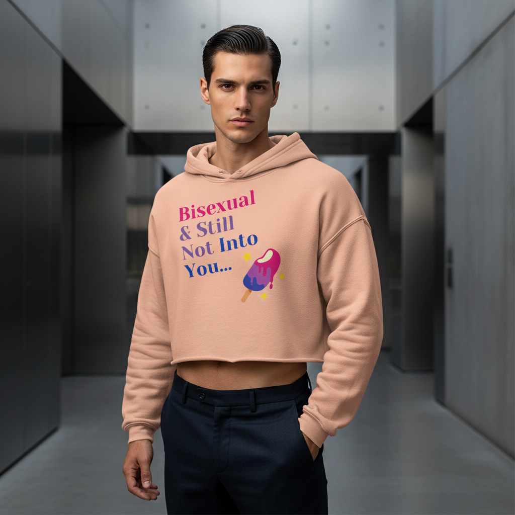 Bisexual & Still Not Into You Crop Hoodie in peach, melting pink popsicle graphic; worn by dark-haired person