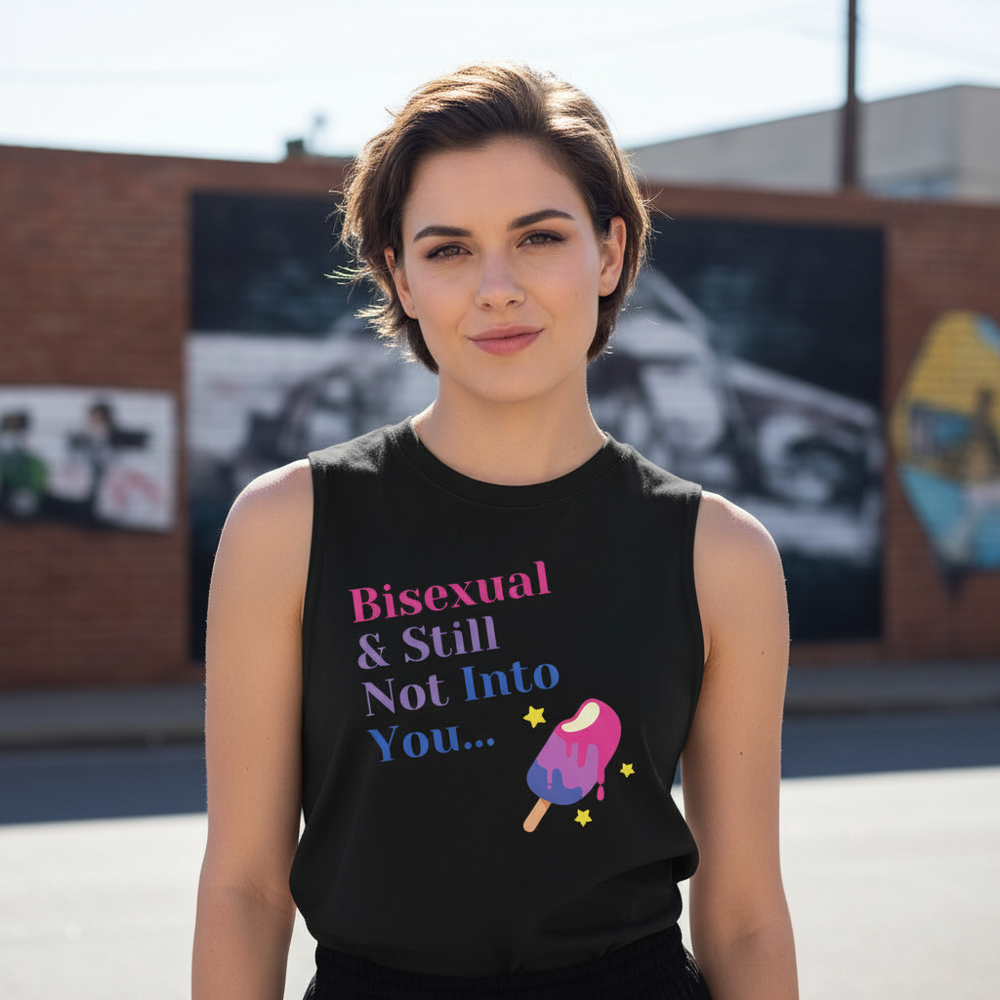Sleeveless black muscle top with “Bisexual & Still Not Into You” in bold colors, melting popsicle and stars