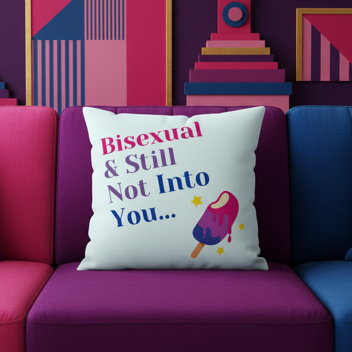Premium pillow with “Bisexual & Still Not Into You…” text, melting ice cream, and stars on pink, blue
