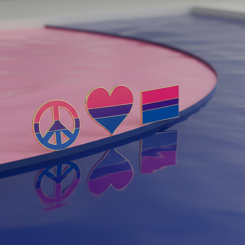 Three bisexual pride enamel pins—a peace sign, heart, and rectangle—on a reflective pink-and-blue surface