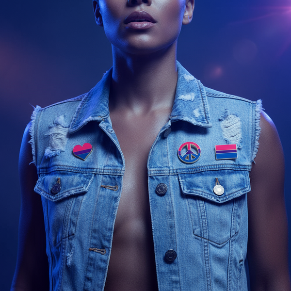 Cropped model wearing a distressed denim vest with three bisexual pride enamel pins