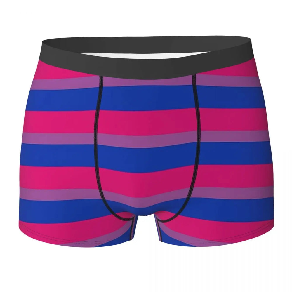Front view of boxer briefs with pink, purple, and blue horizontal stripes and a black waistband