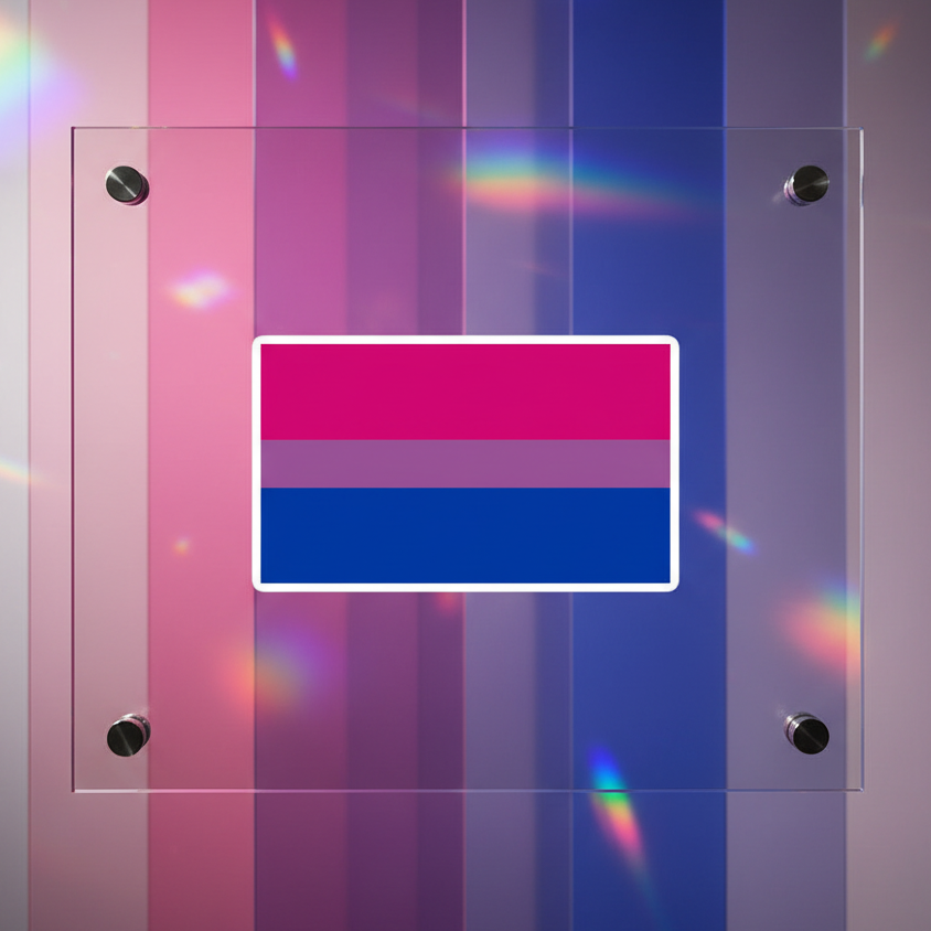 Bubble-free sticker shows pink, purple, and blue bisexual flag stripes with vertical gradients; sleek glass panel