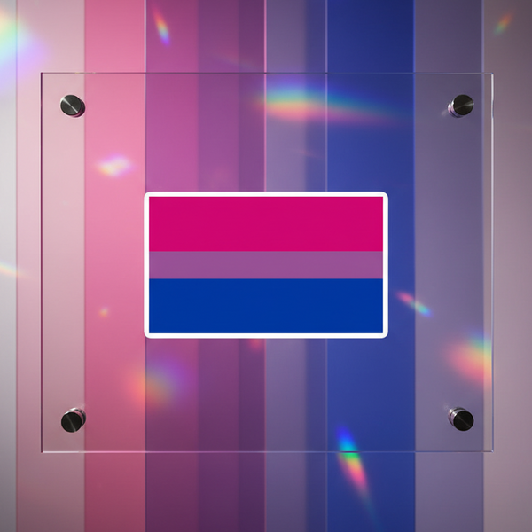 Bubble-free sticker shows pink, purple, and blue bisexual flag stripes with vertical gradients; sleek glass panel