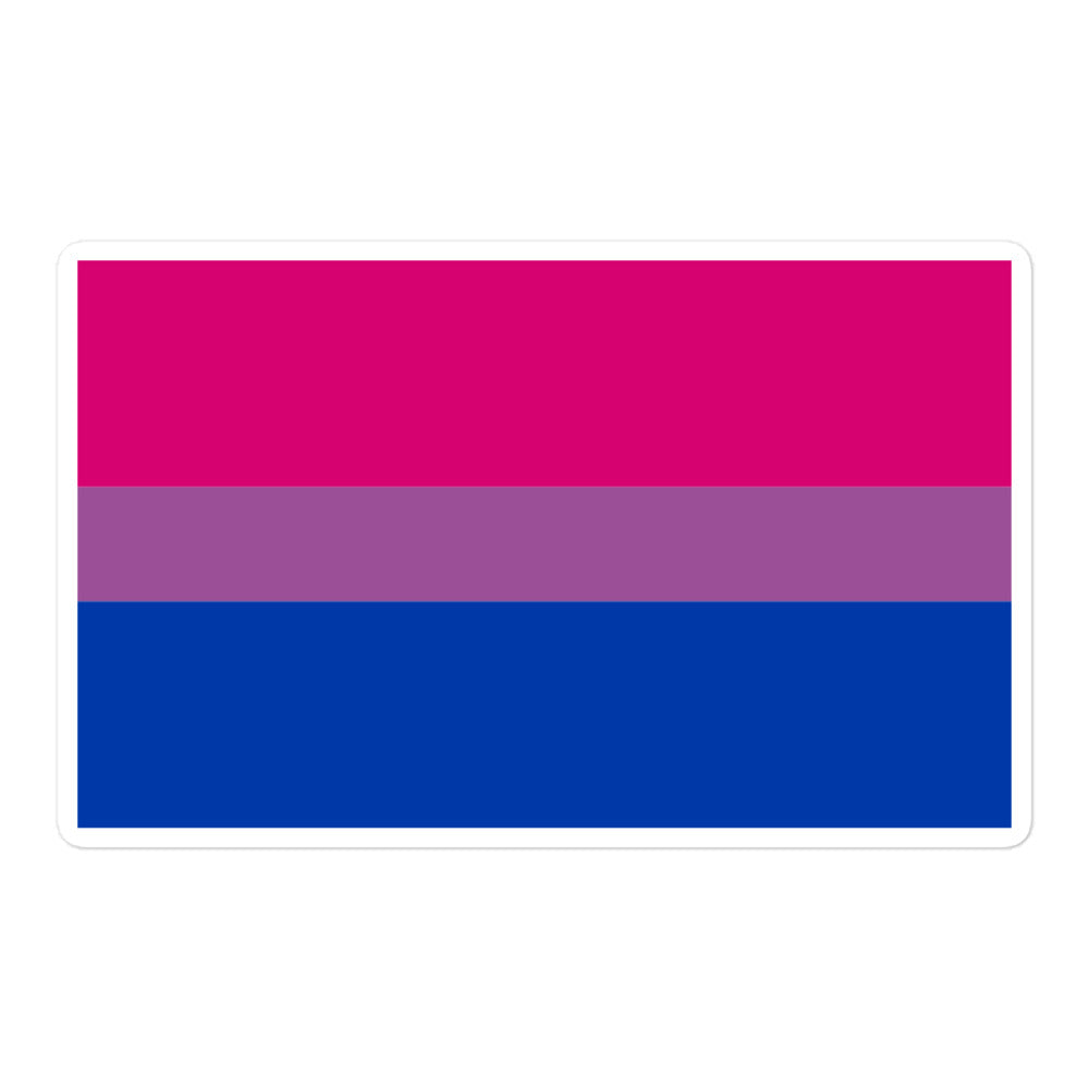 Rectangular bisexual pride flag sticker with pink, lavender, and blue stripes