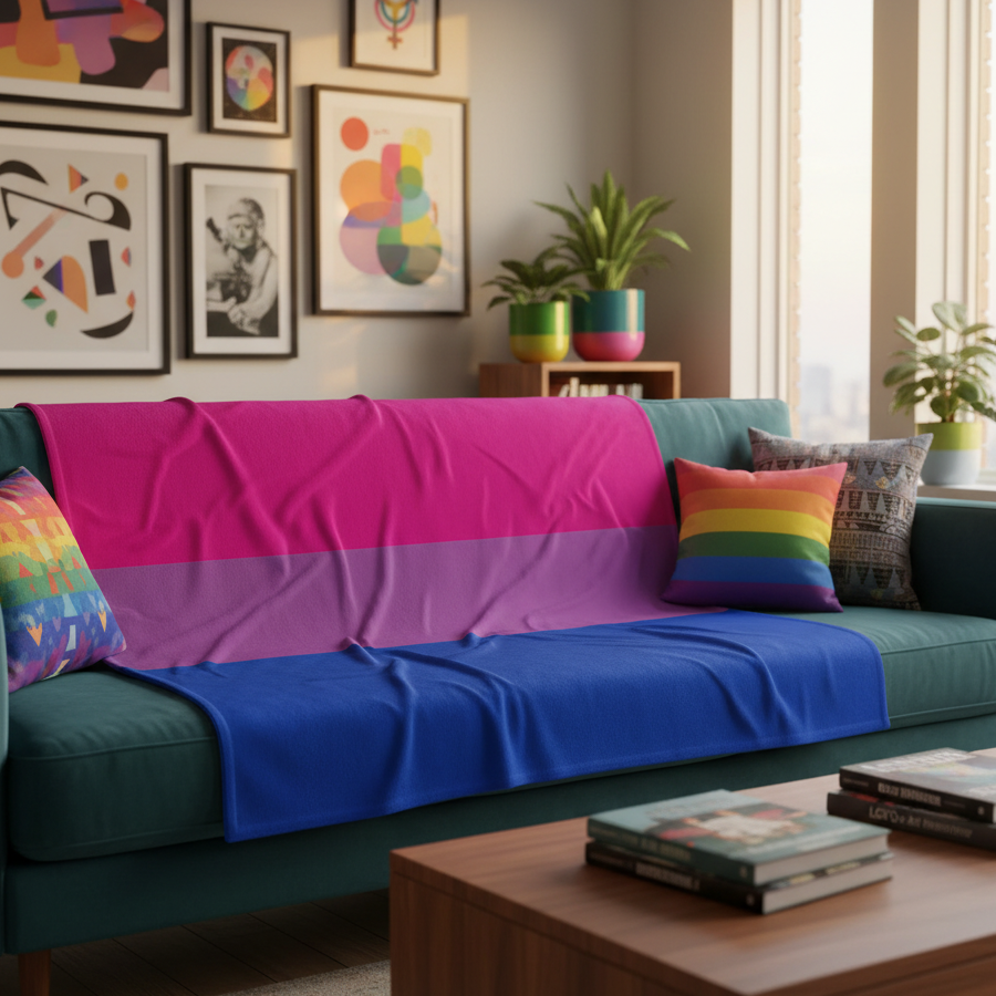 Bisexual Flag Throw Blanket drapes a teal sofa, topped with rainbow and geometric pillows in a sunlit