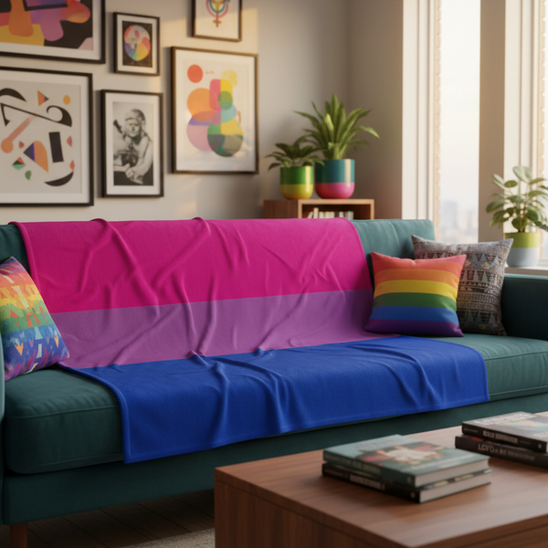 Bisexual Flag Throw Blanket drapes a teal sofa, topped with rainbow and geometric pillows in a sunlit