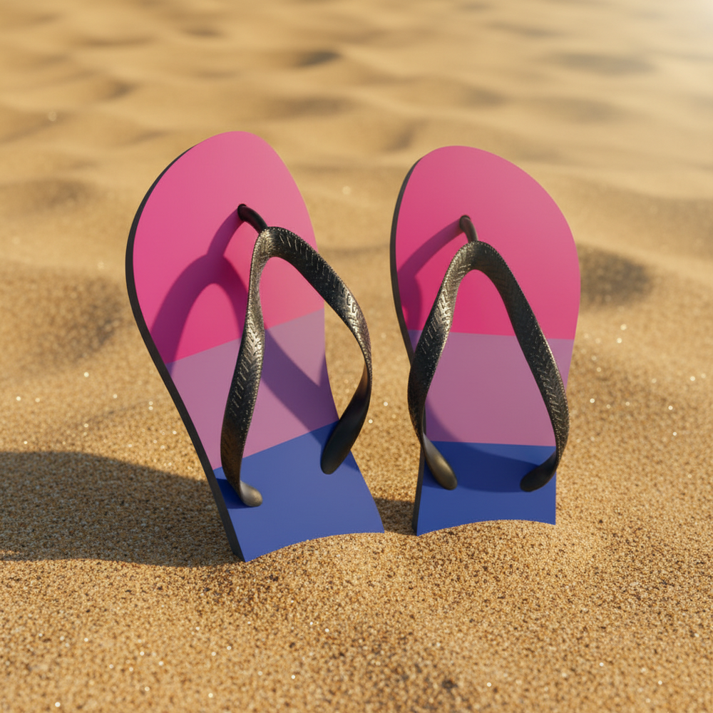 Bisexual flip-flops feature pink, purple, and blue striped soles with black straps