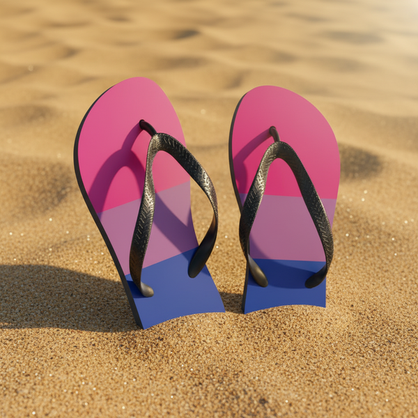 Bisexual flip-flops feature pink, purple, and blue striped soles with black straps