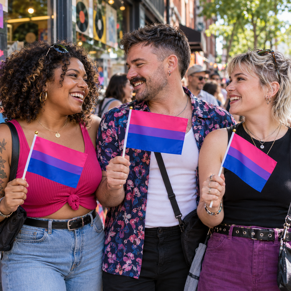 Adults celebrating together with small Bisexual Pride hand flags