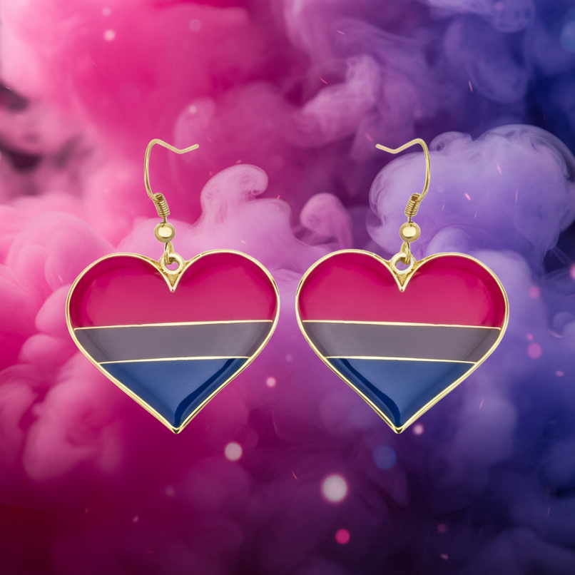 Bisexual pride heart earrings with pink, purple, and blue stripes on a colorful smoke background