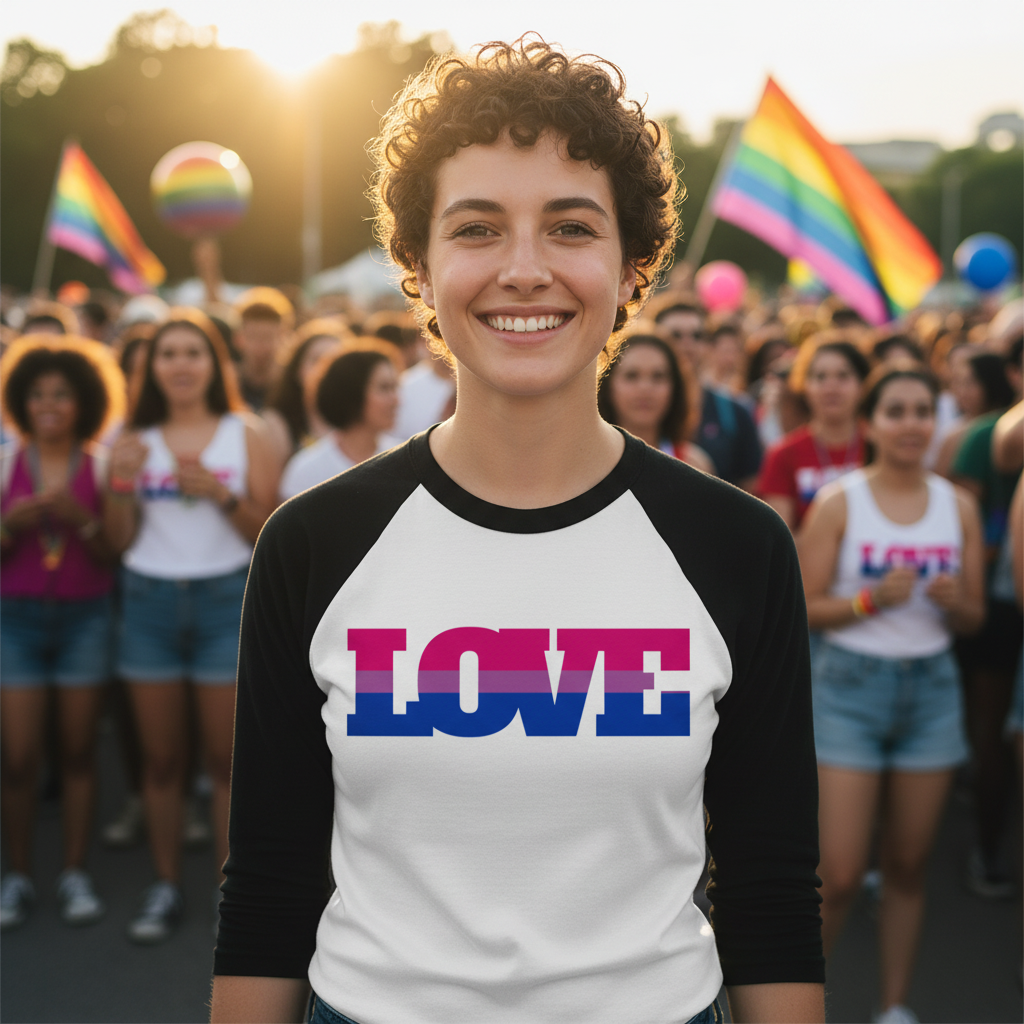 Bisexual Love 3/4 Sleeve Raglan Shirt on a smiling person with short curls, repping at Pride with rainbow and bi flags