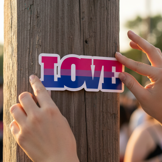 Bisexual pride bubble-free sticker reading “LOVE” in bold over pink, purple, and blue stripes
